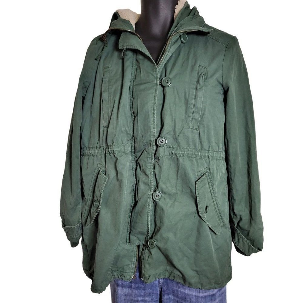 GAP Army Green Coat Women Sz M Faux Sherpa Lined Button Up Hooded Utility Jacket